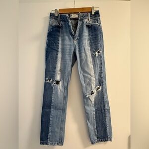Free People Light and Dark Blue Distressed Straight Leg Jeans